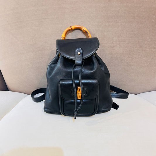 Gucci Vintage Bamboo Turn Lock Black Leather Small Backpack