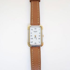 Hermes Vintage Croisière Rectangle White Face and Brown Leather Strap Watch
