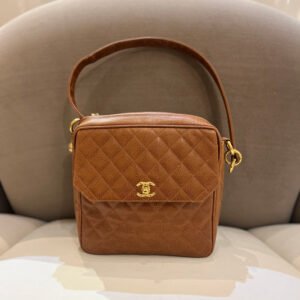 Chanel Vintage Golden CC Turn Lock with Brown Leather Shoulder Bag