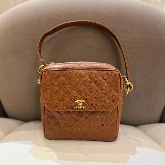 Chanel Vintage Golden CC Turn Lock with Brown Leather Shoulder Bag