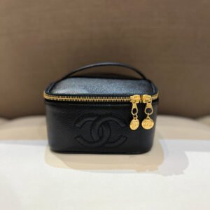 Chanel Vintage Embossed CC Logo with Black Caviar Skin Square Shape Vanity Bag