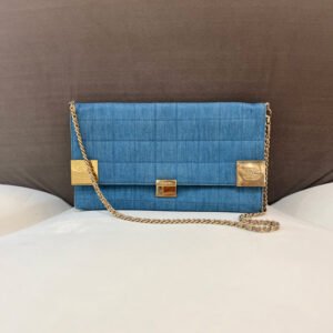 Chanel Vintage Golden Buckle Blue Denim Chocolate Bar Wallet on Chain